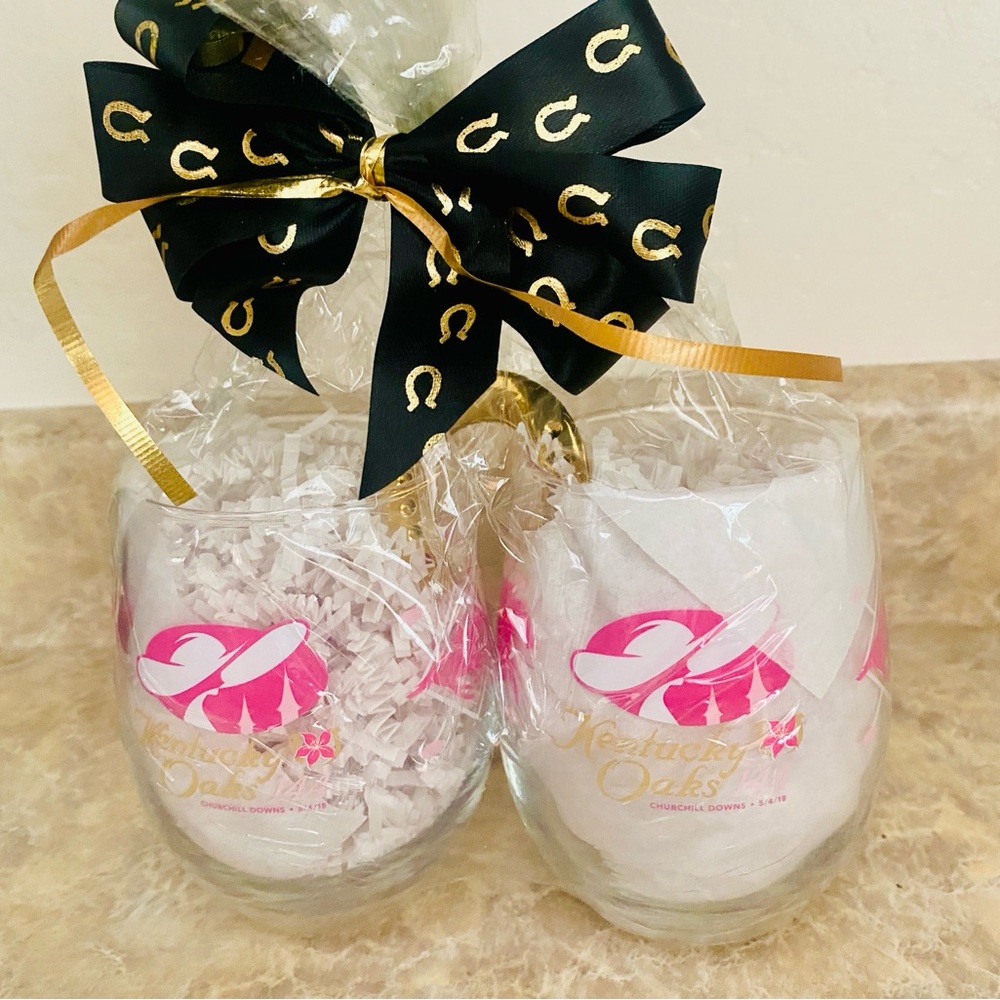 144th Kentucky Oaks Glass Set - stemless wine glasseswith Black and Gold Ribbon